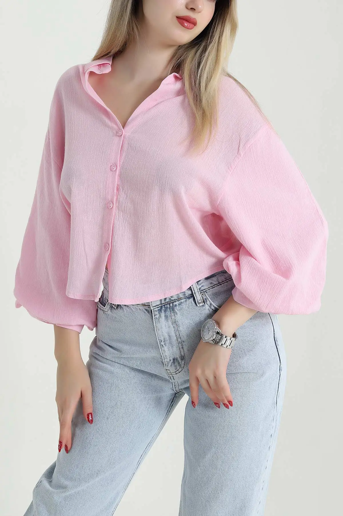 Pembe Düğmeli Keten Kadın Gömlek 471722