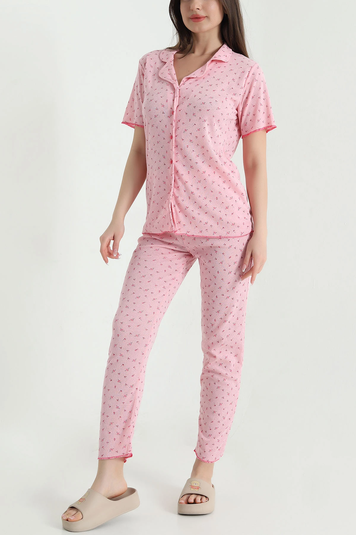 Pembe Düğmeli Kısa Kollu Kadın Pijama Takımı 454584