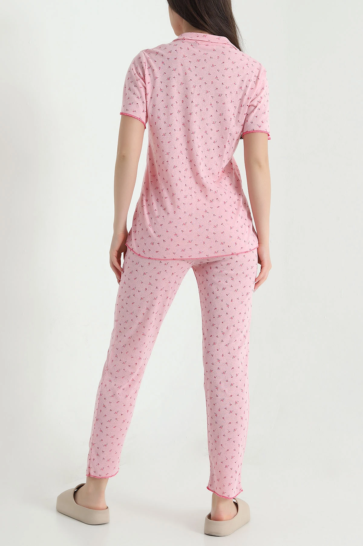 Pembe Düğmeli Kısa Kollu Kadın Pijama Takımı 454584