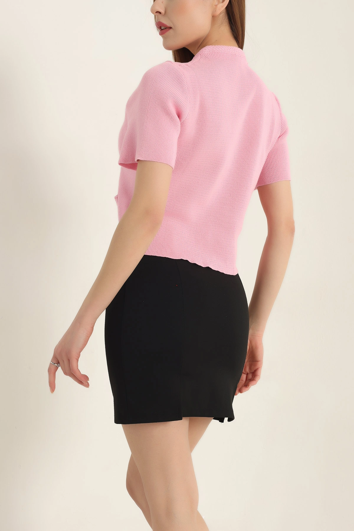 Pembe Düğmeli Kısa Kollu Triko Hırka 337475