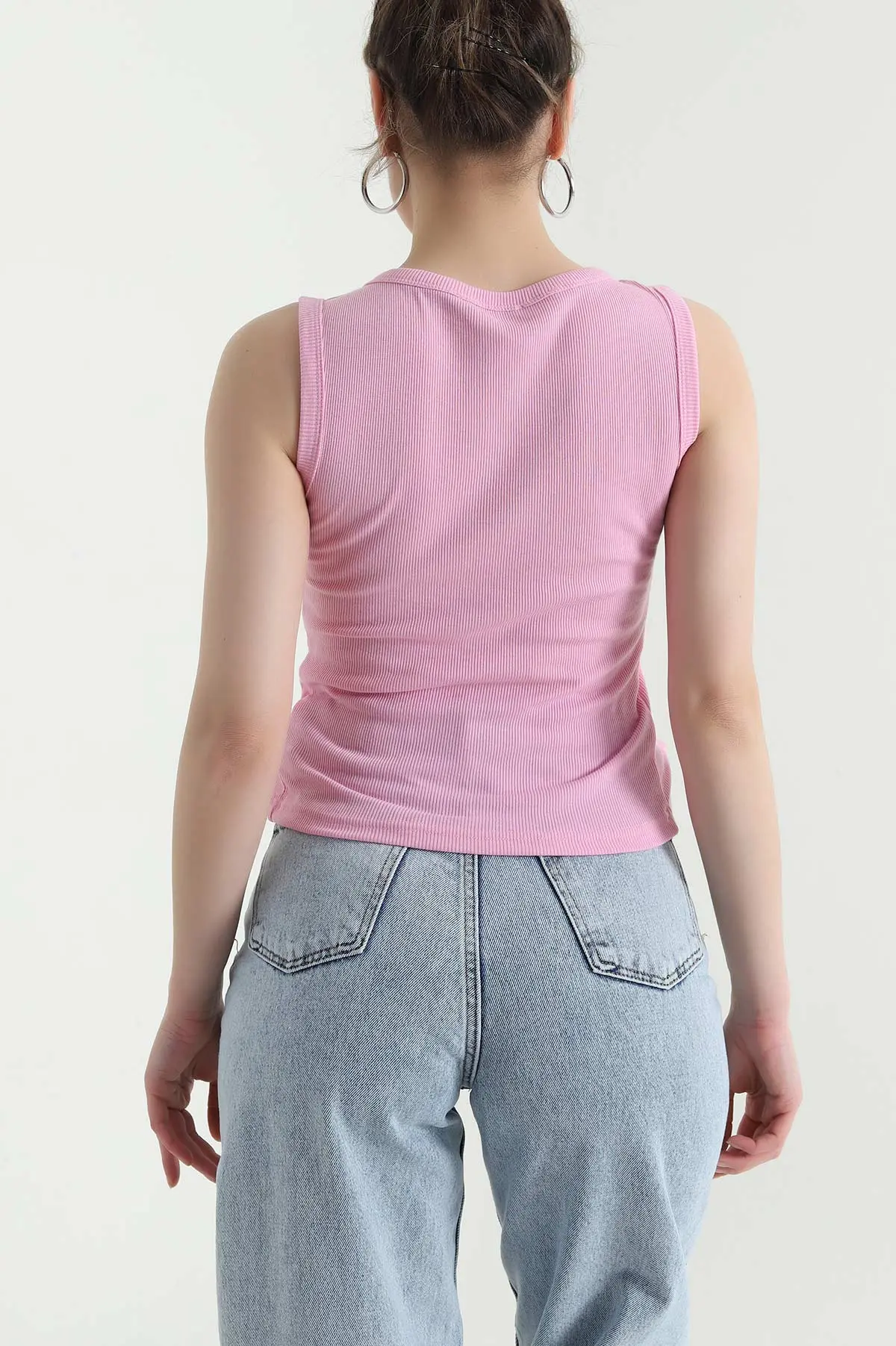 Pembe Düğmeli Kolsuz Likralı Fitilli Kadın Bluz 445855