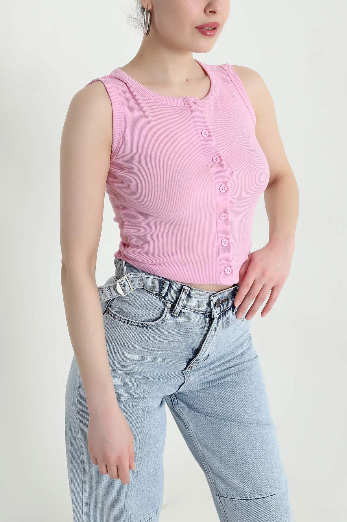 Pembe Düğmeli Kolsuz Likralı Fitilli Kadın Bluz 445855