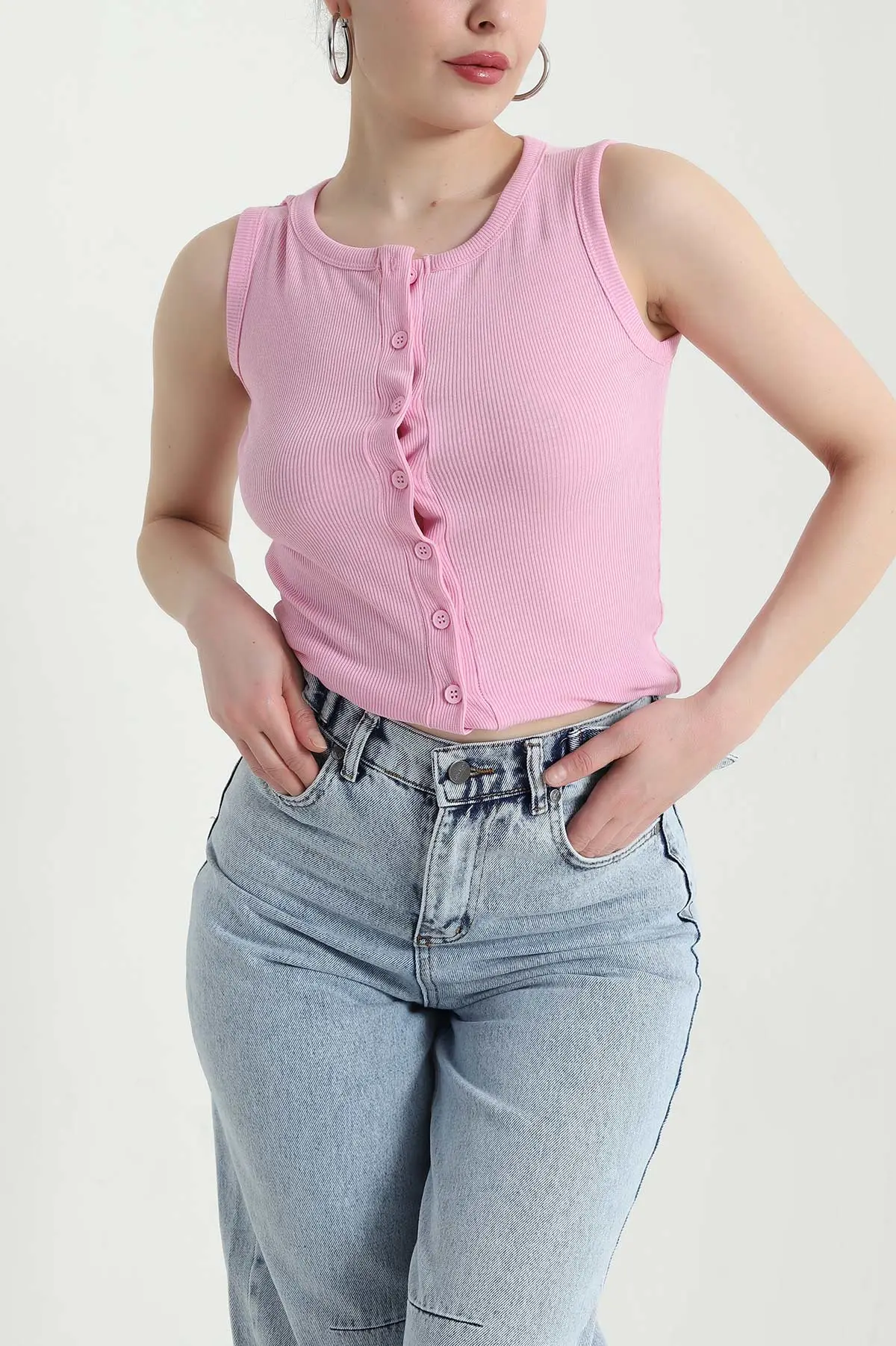 Pembe Düğmeli Kolsuz Likralı Fitilli Kadın Bluz 445855
