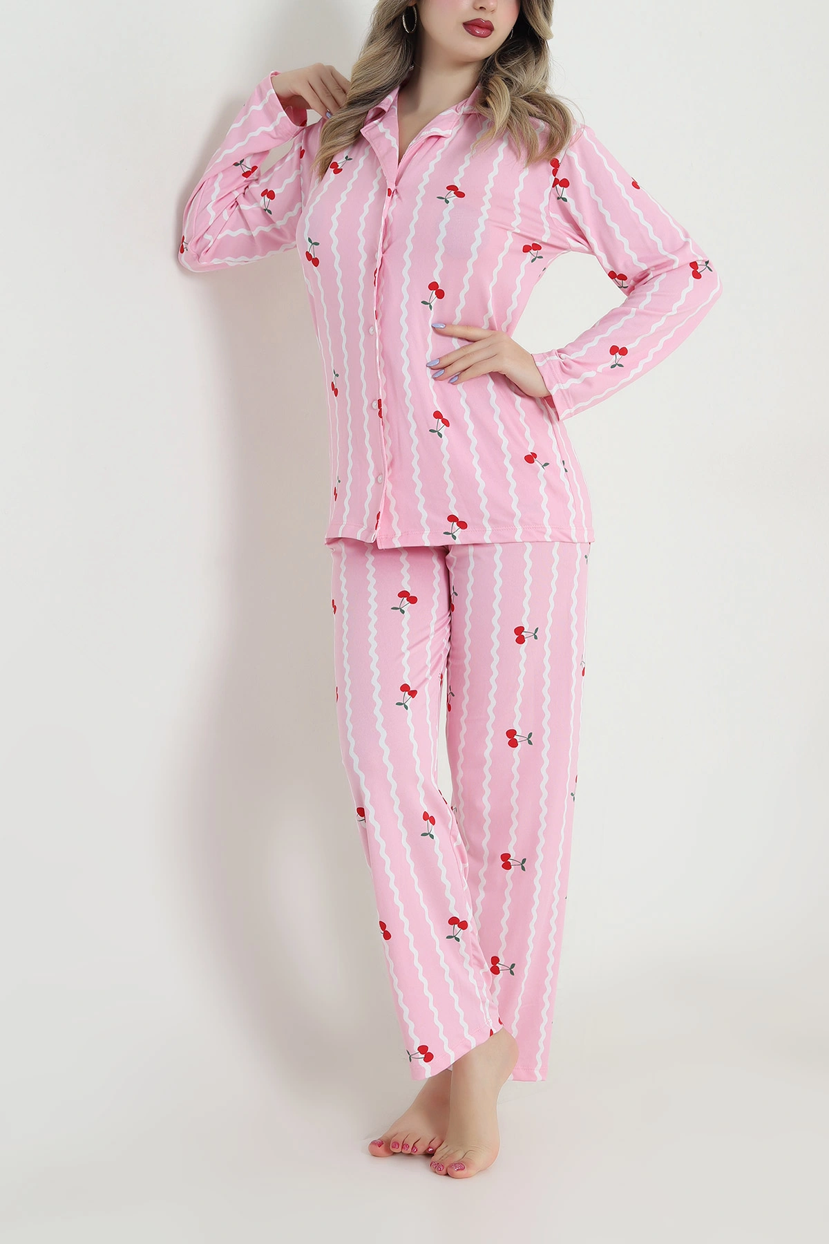 Pembe Düğmeli Milan Kadın Pijama Takımı 494648