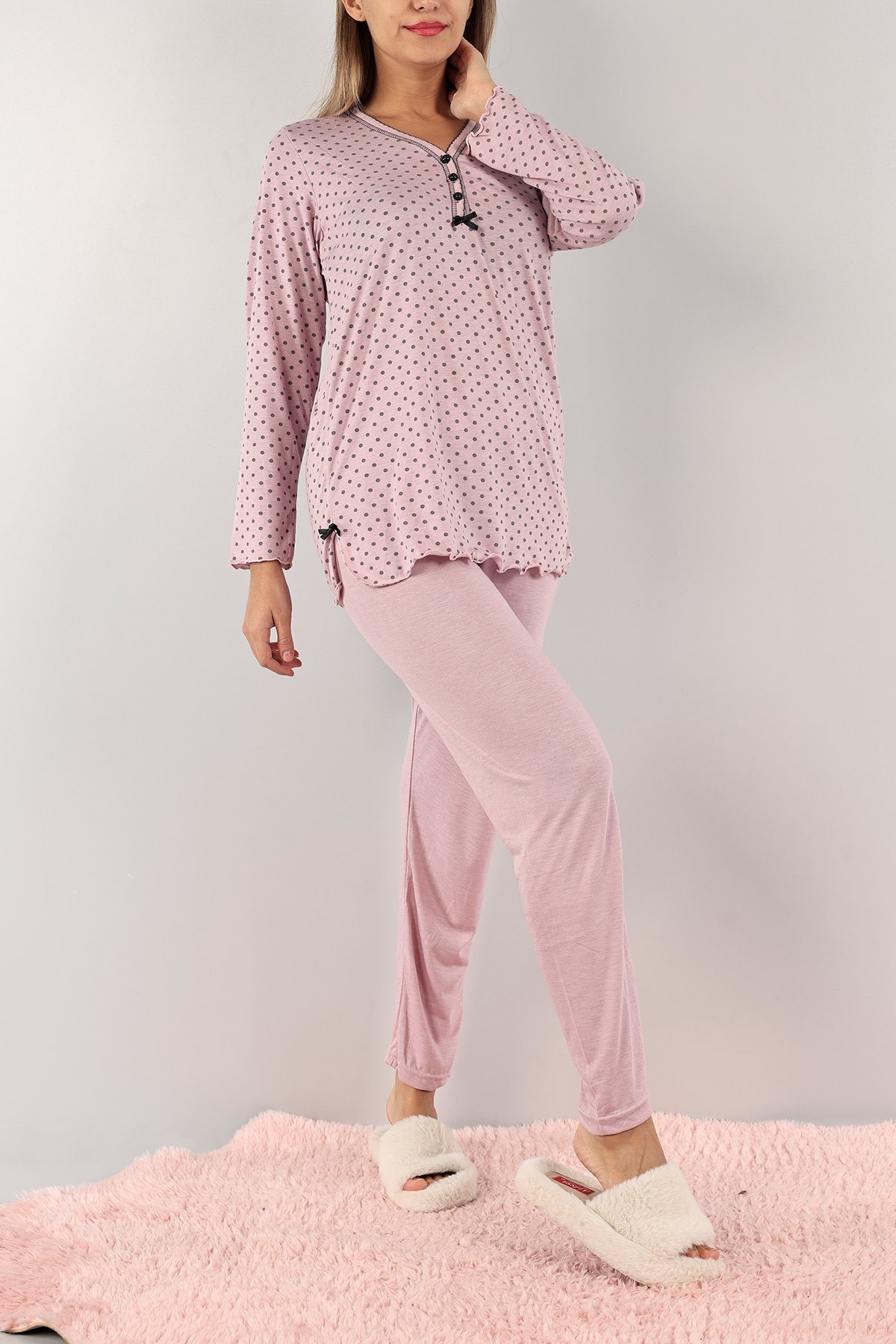 Pembe Düğmeli Nakışlı Bayan Pijama Takımı 132262