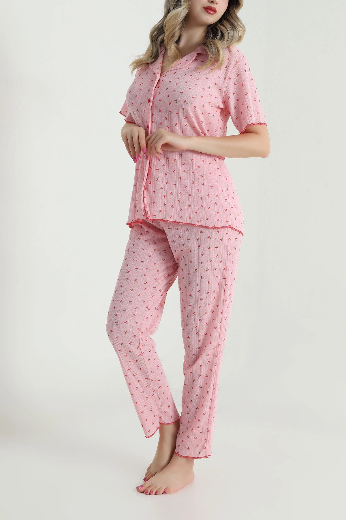 Pembe Düğmeli Pointel Kadın Pijama Takımı 482597