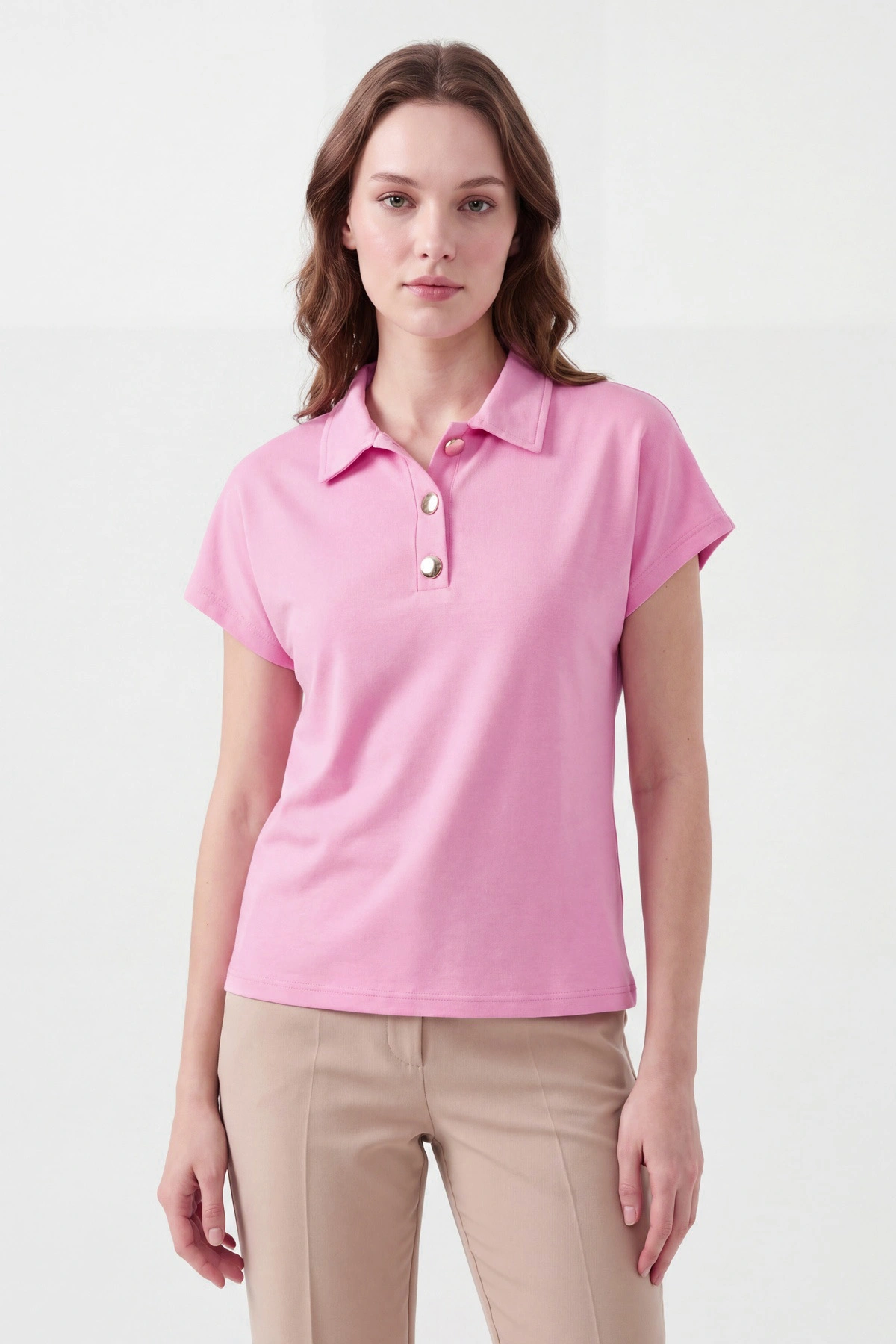 Pembe Düğmeli Polo Yaka Kristal Kadın Bluz 449072