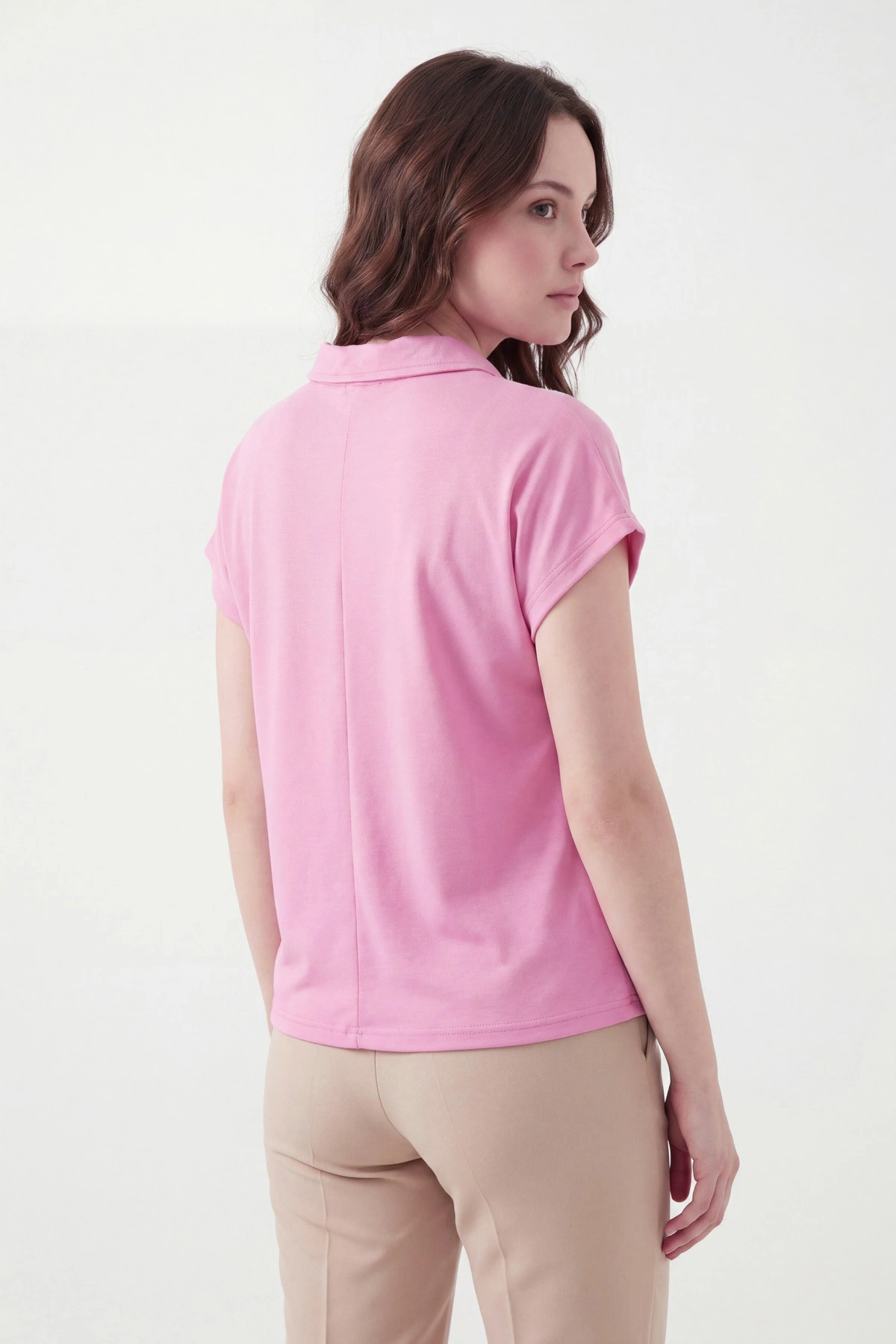 Pembe Düğmeli Polo Yaka Kristal Kadın Bluz 449072