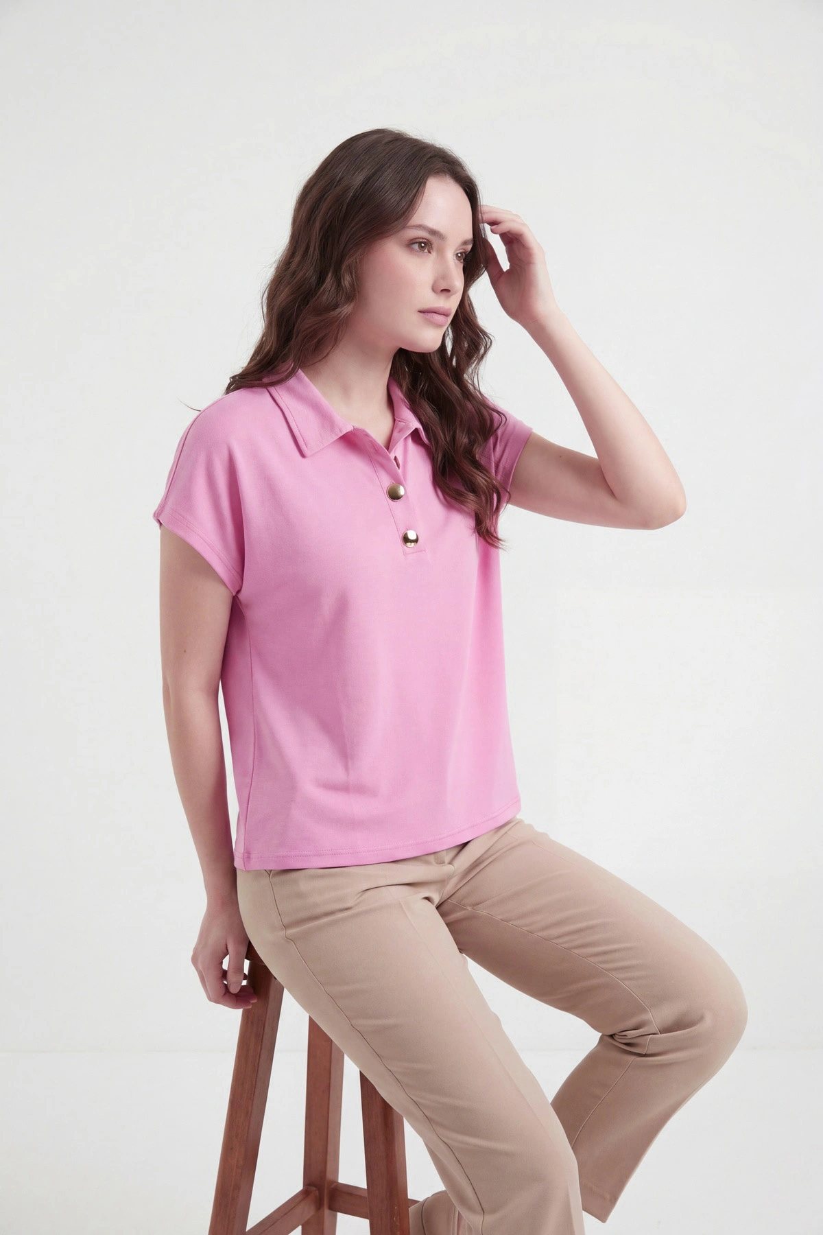 Pembe Düğmeli Polo Yaka Kristal Kadın Bluz 449072