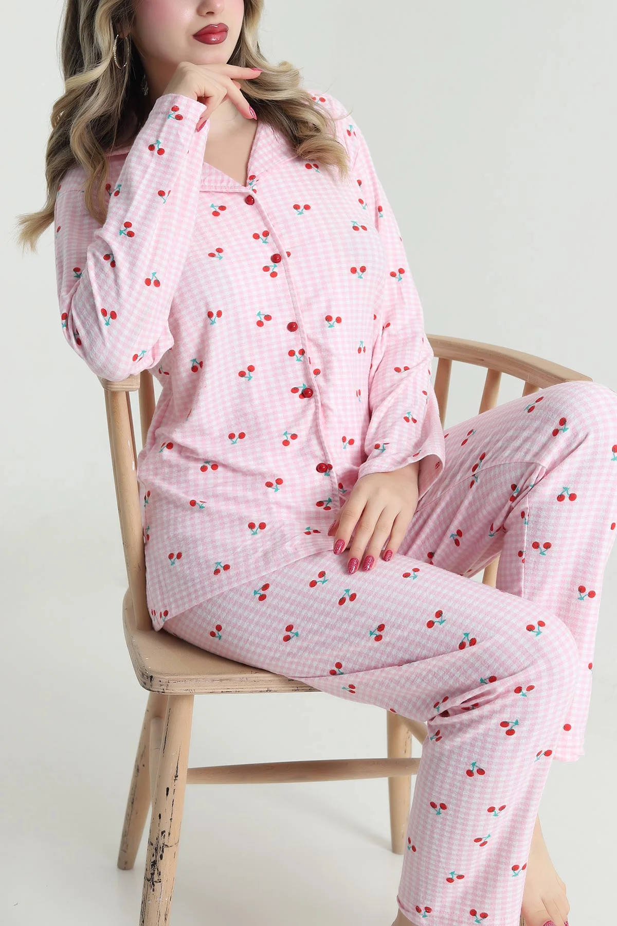 Pembe Düğmeli Süet Kadın Pijama Takımı 492773