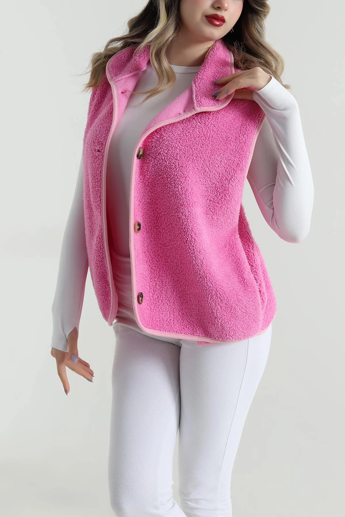 Pembe Düğmeli Teddy Kadın Yelek 496929