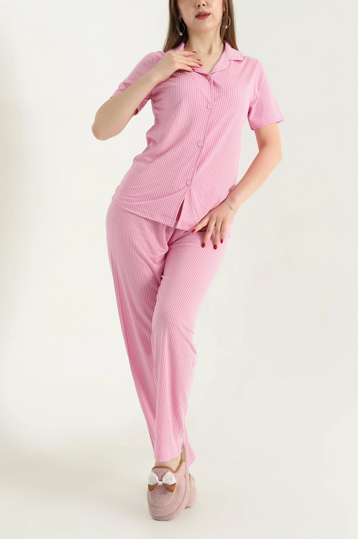 Pembe Düğmeli Viskon Bayan Pijama Takımı 338251