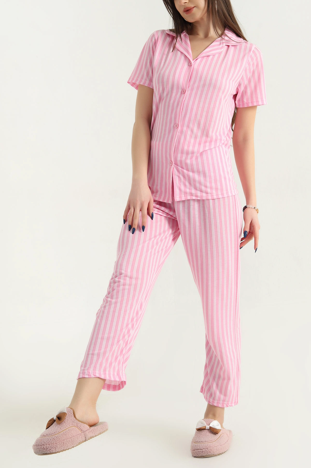 Pembe Düğmeli Viskon Bayan Pijama Takımı 338281