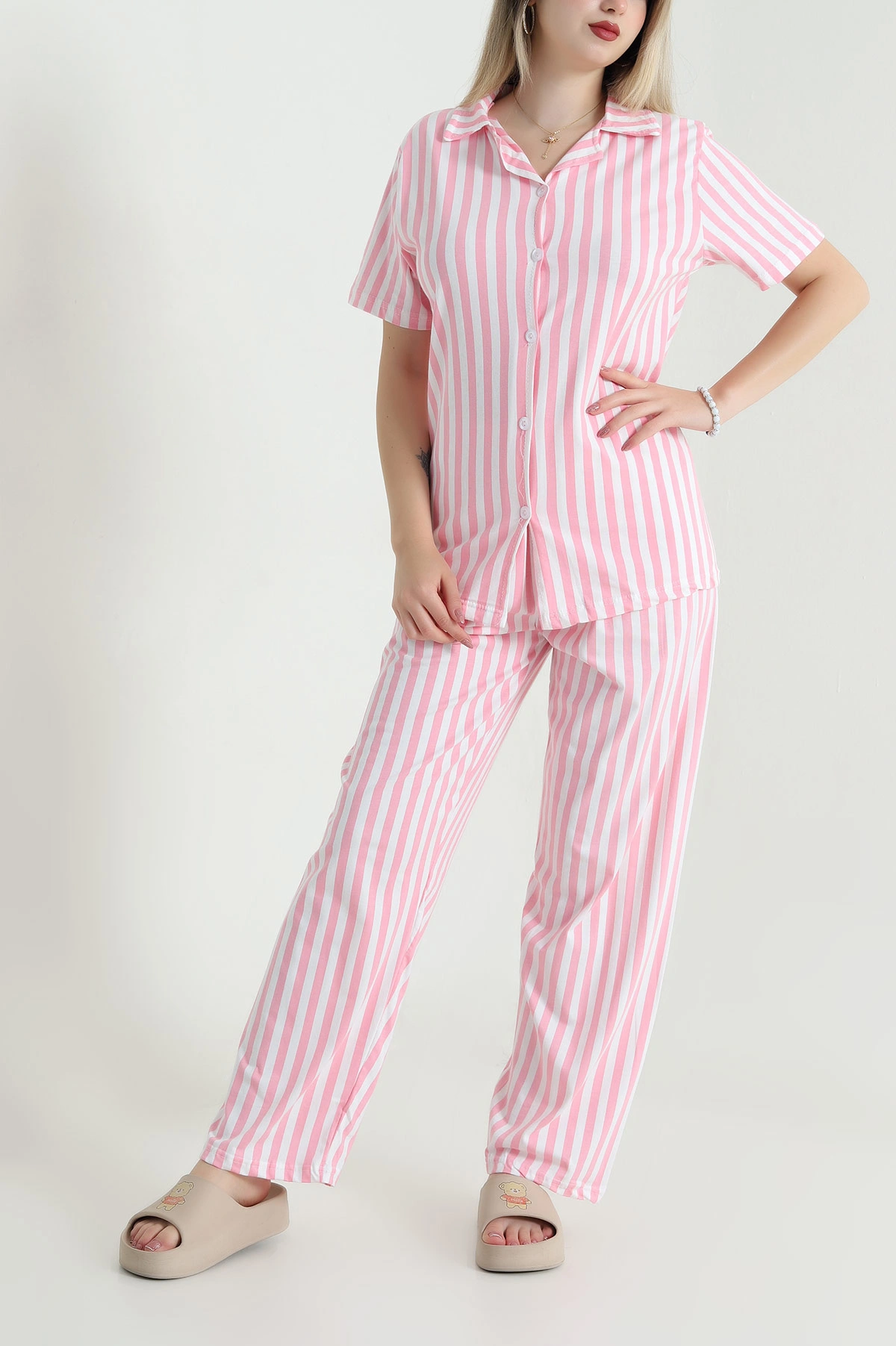 Pembe Düğmeli Viskon  Kadın Pijama Takımı 466686