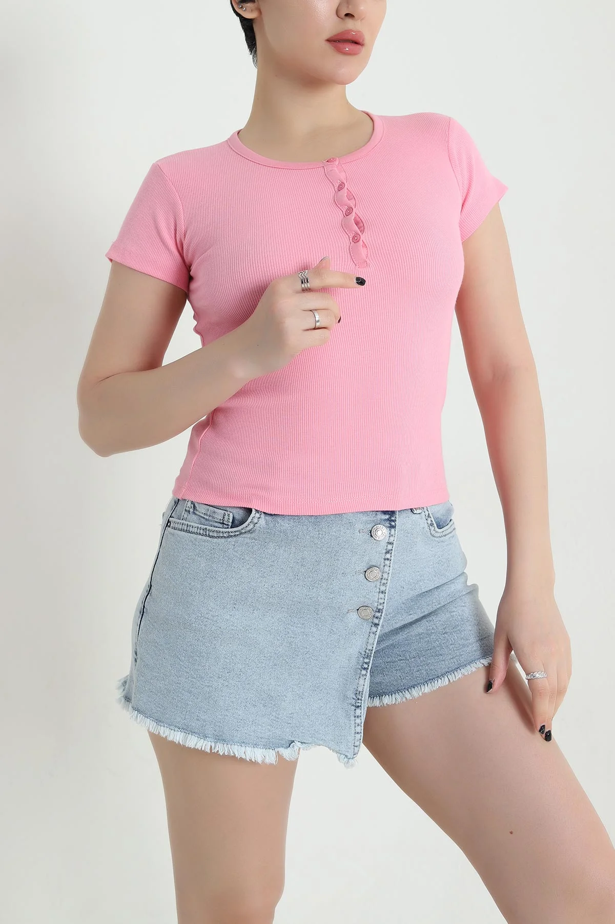 Pembe Düğmeli Yaka Fitilli Kadın Bluz 456146