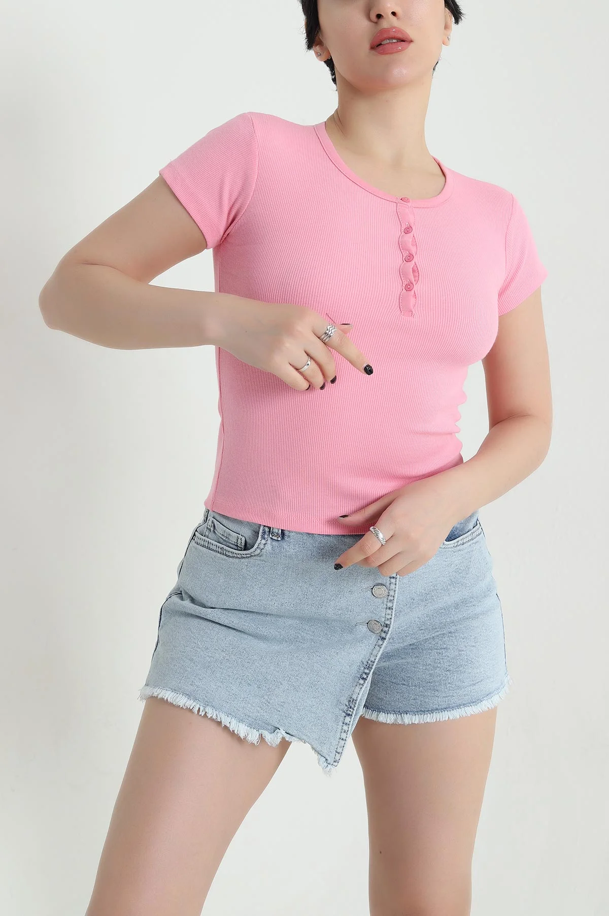 Pembe Düğmeli Yaka Fitilli Kadın Bluz 456146
