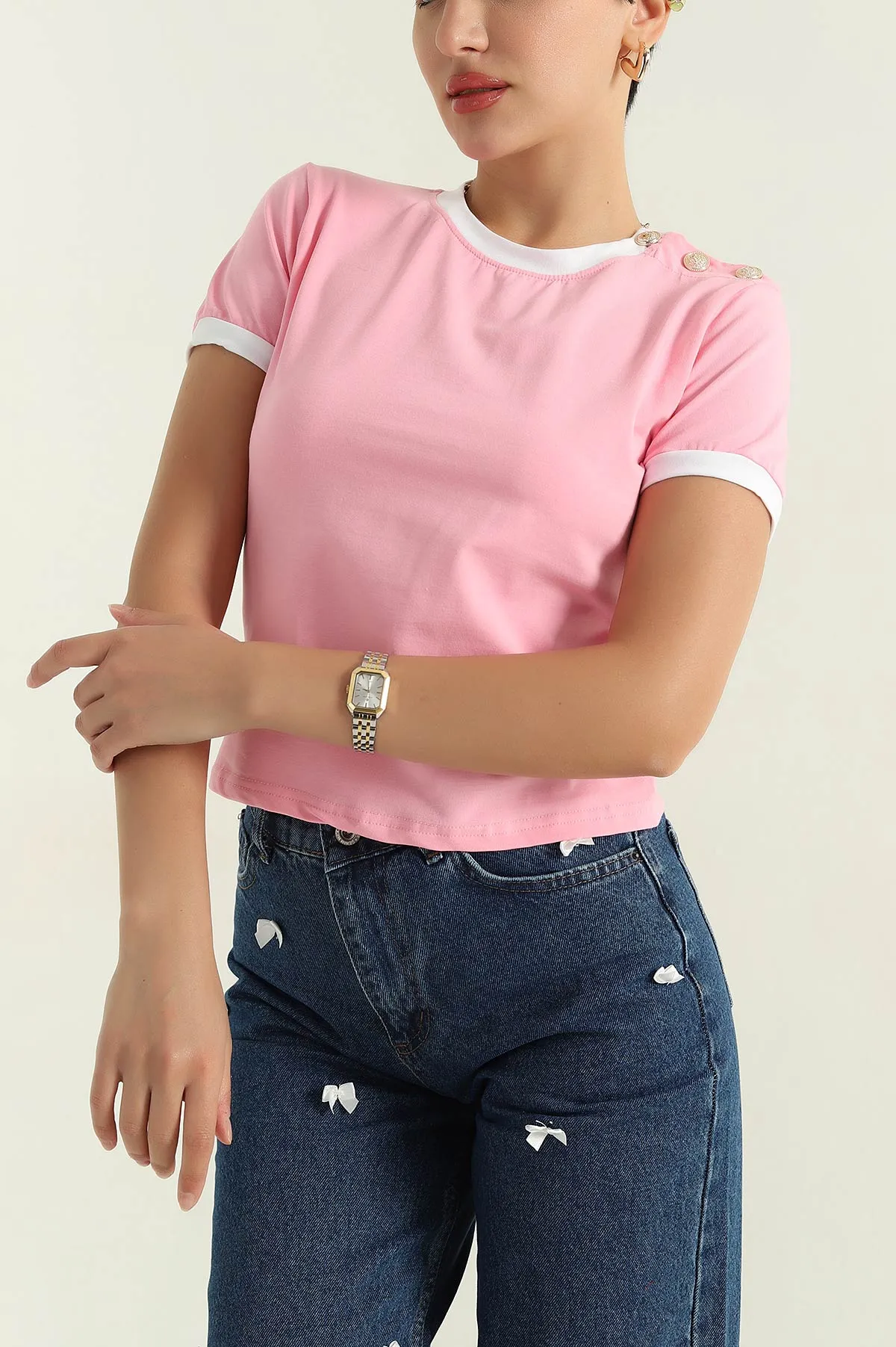 Pembe Düğmeli Yaka Süprem Kadın Bluz 367074