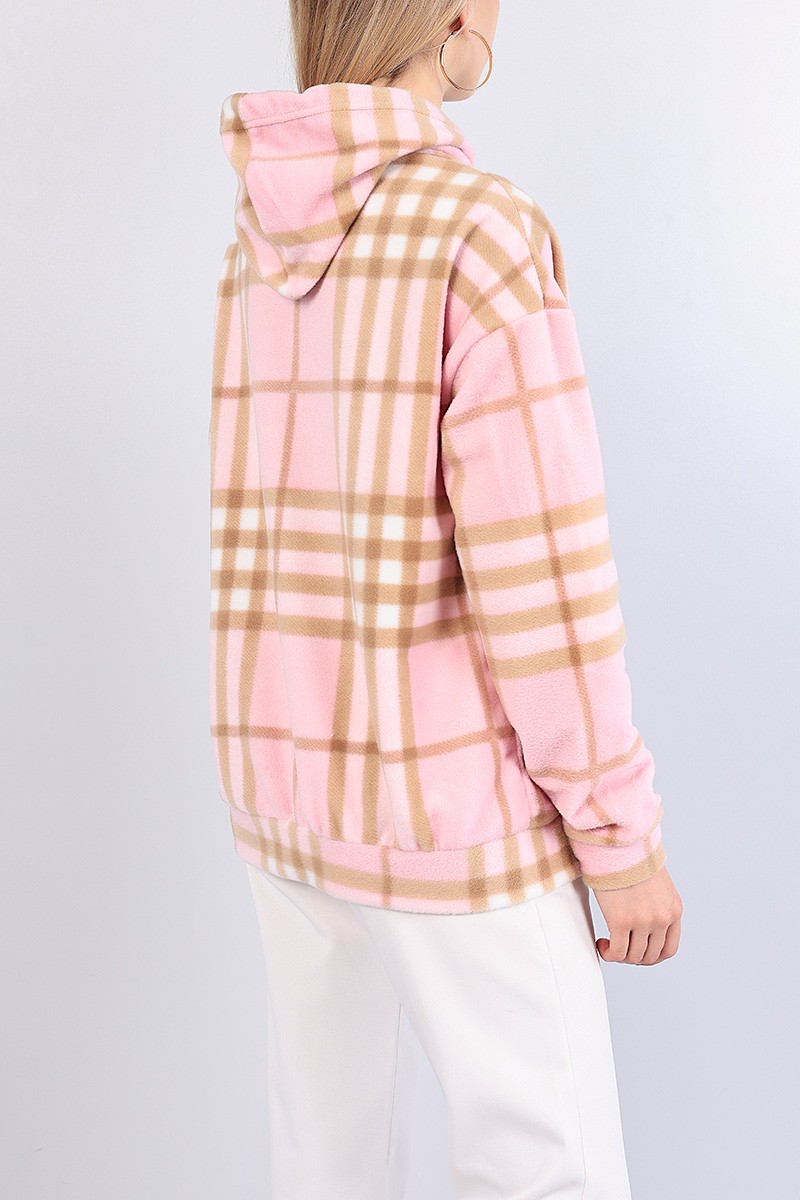 Pembe Ekose Desen Bayan Polar Sweat 82810