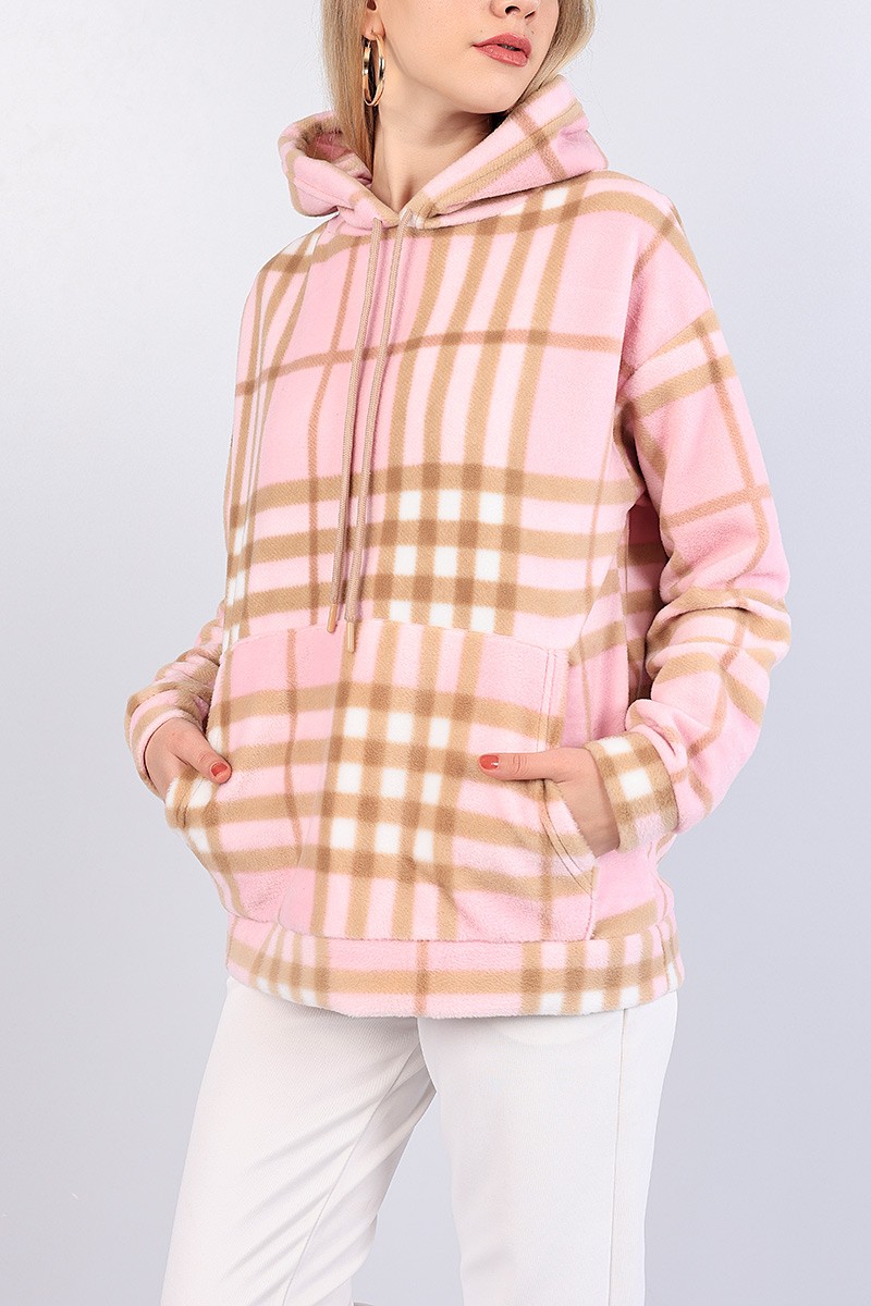 Pembe Ekose Desen Bayan Polar Sweat 82810