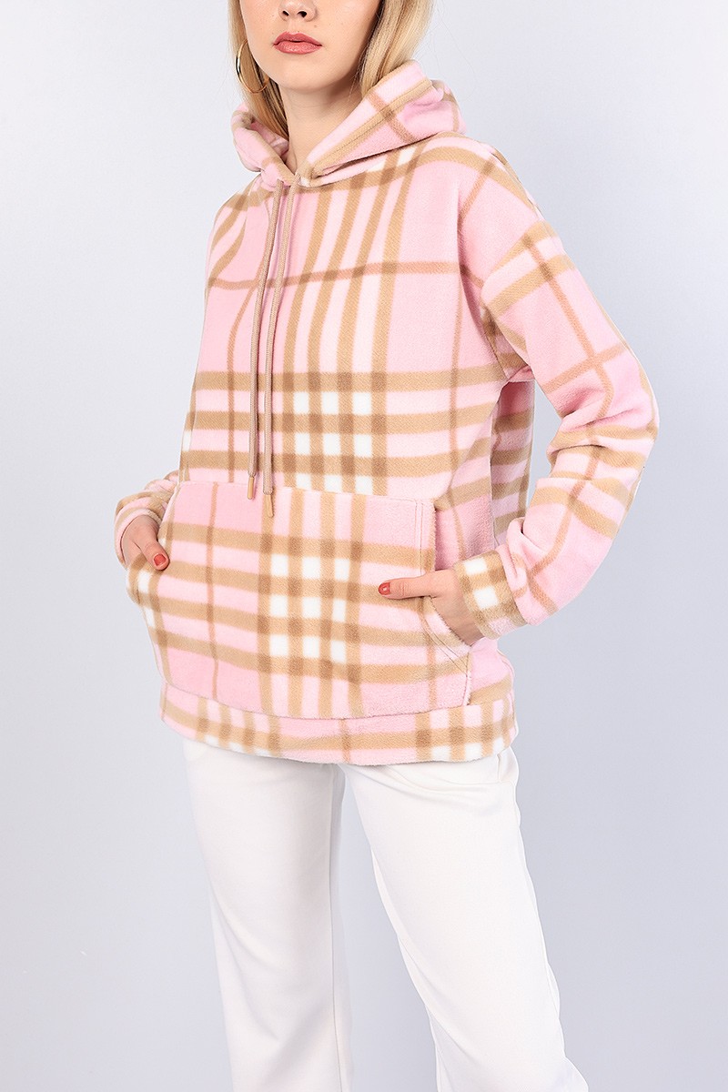 Pembe Ekose Desen Bayan Polar Sweat 82810