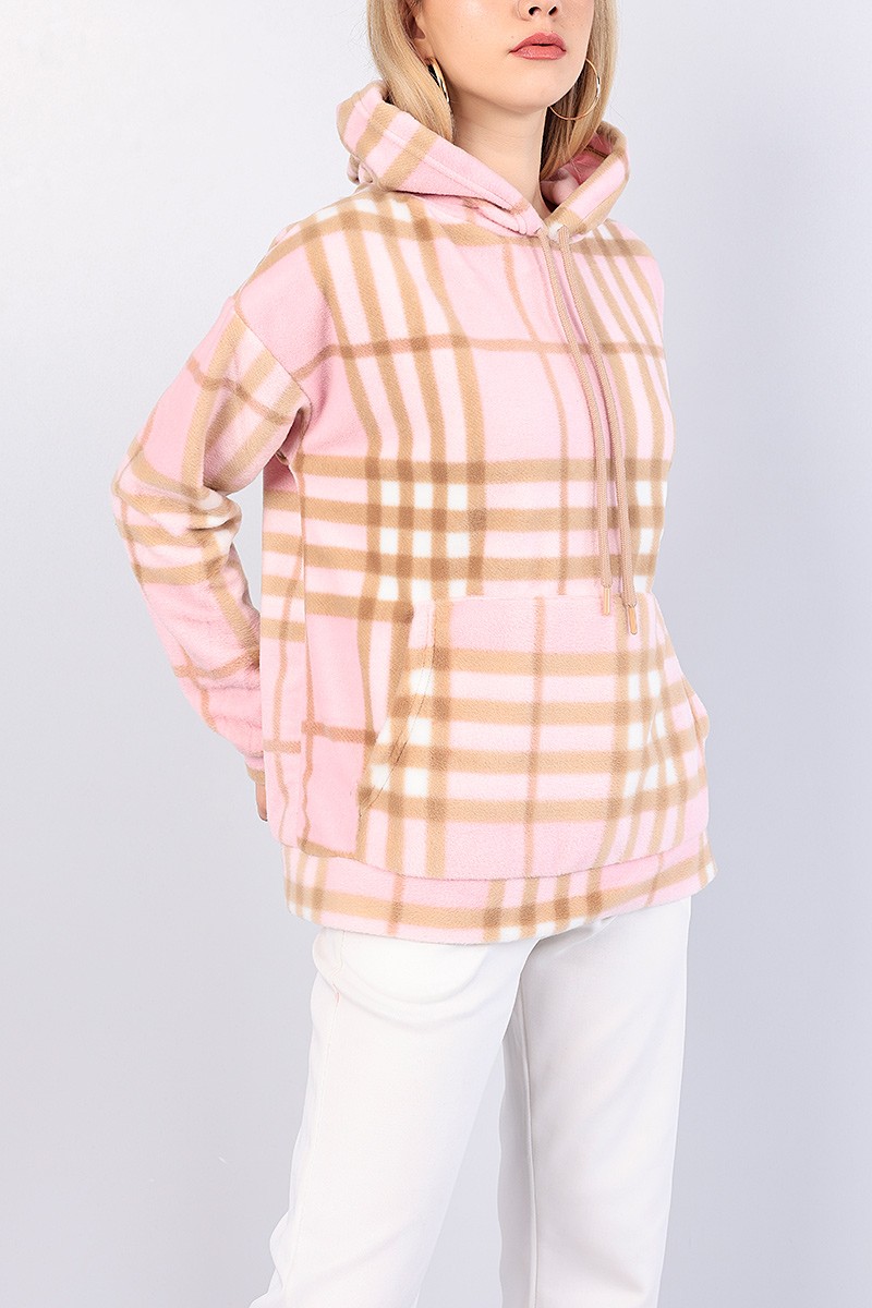 Pembe Ekose Desen Bayan Polar Sweat 82810
