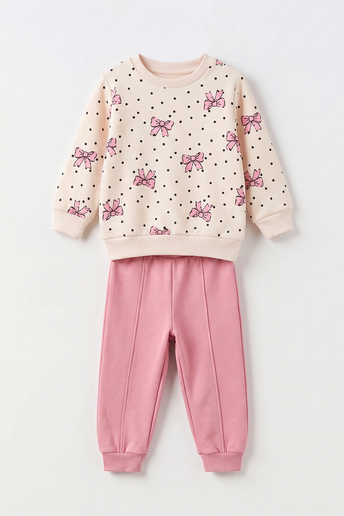 Pembe Ekru (6-24 Ay) Fiyonk Baskılı Kalpli Alt Çimalı 3 İp Şardonlu Kız Bebek Kışlık Takım 499385
