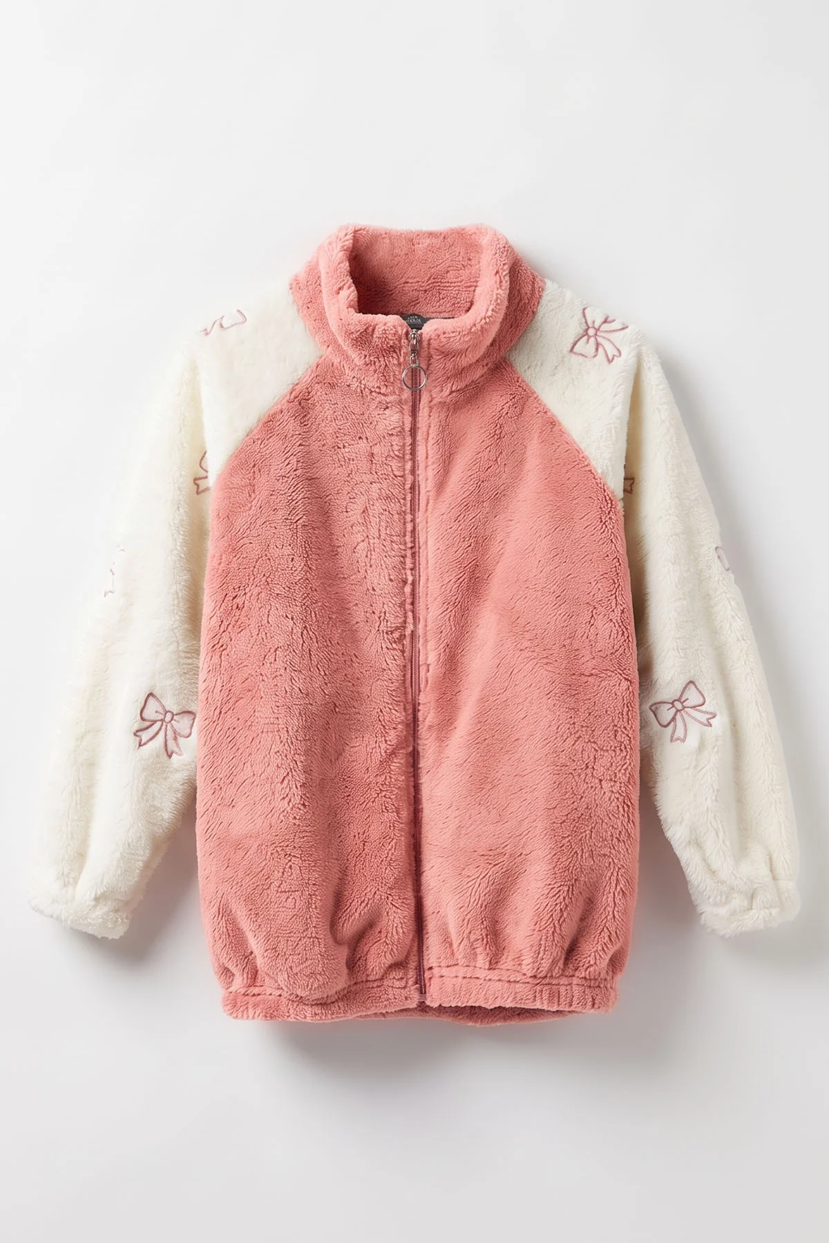 Pembe Ekru (7-12 Yaş) Kolu Garnili Fiyonk Nakışlı Kız Çocuk Peluş Hırka 489001