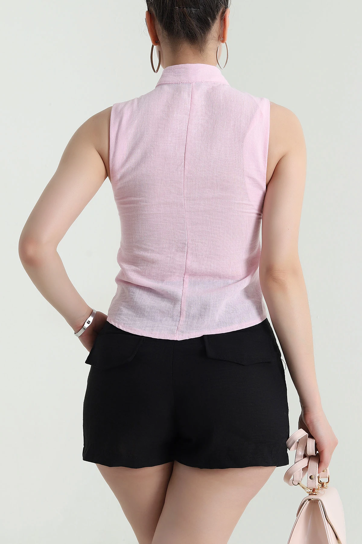 Pembe Eskitme Düğme Detay Pera Keten Kadın Yelek 472287