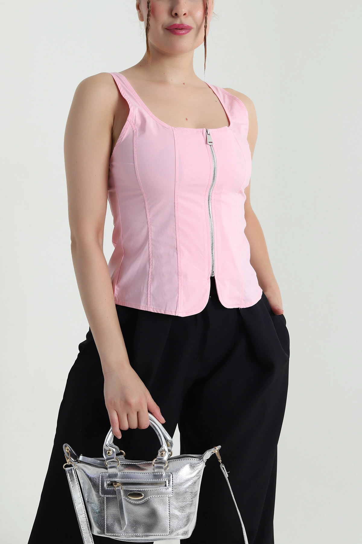 Pembe Fermuarlı Askılı Tencel Kadın Bluz 482543