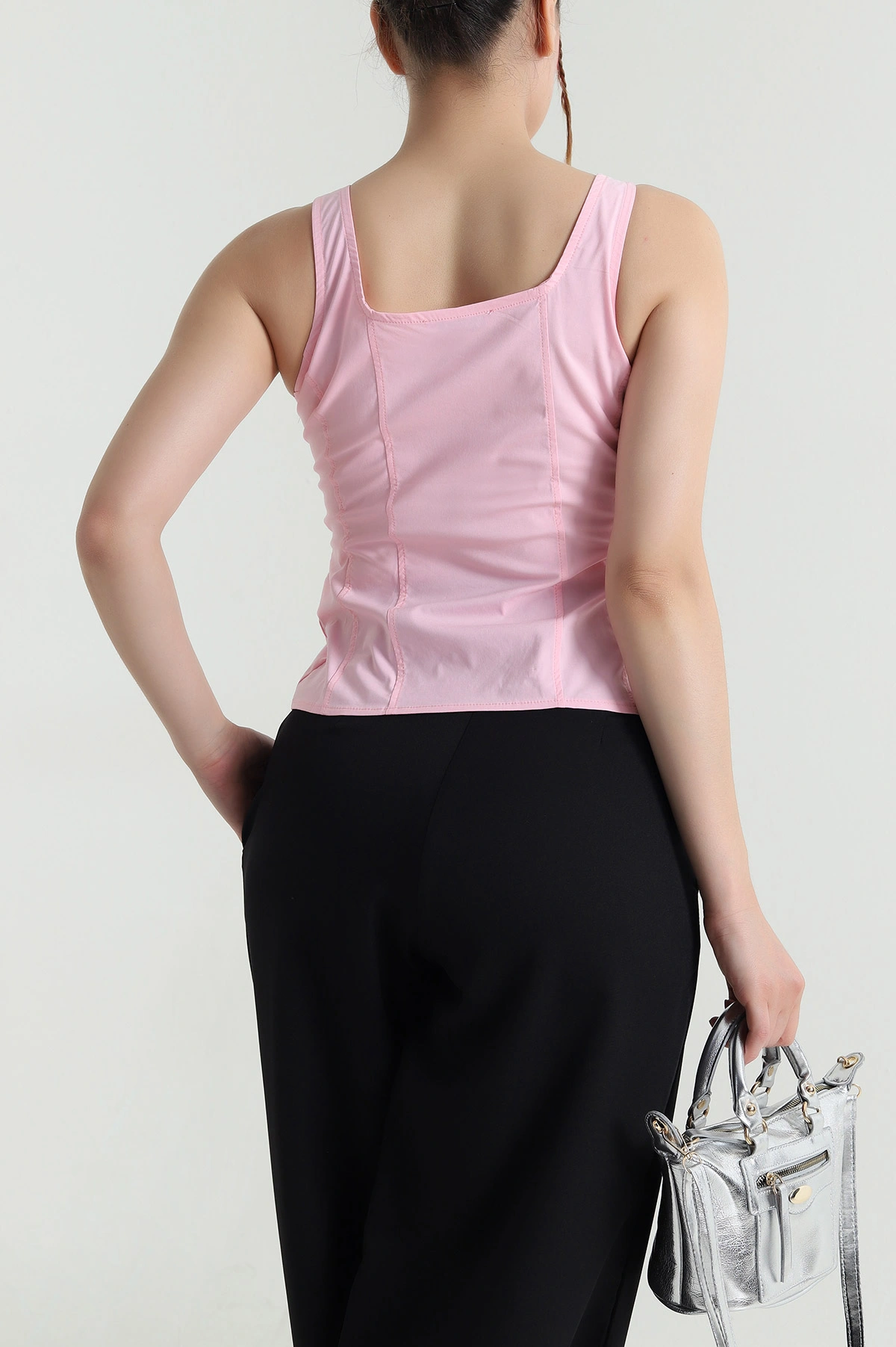 Pembe Fermuarlı Askılı Tencel Kadın Bluz 482543