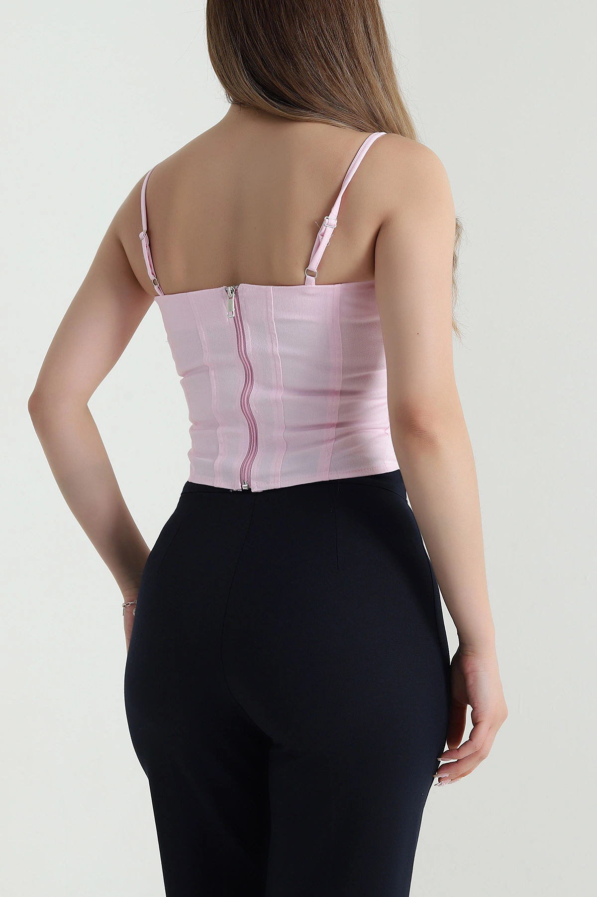 Pembe Fermuarlı İp Askılı Kadın Kot Büstiyer 479148