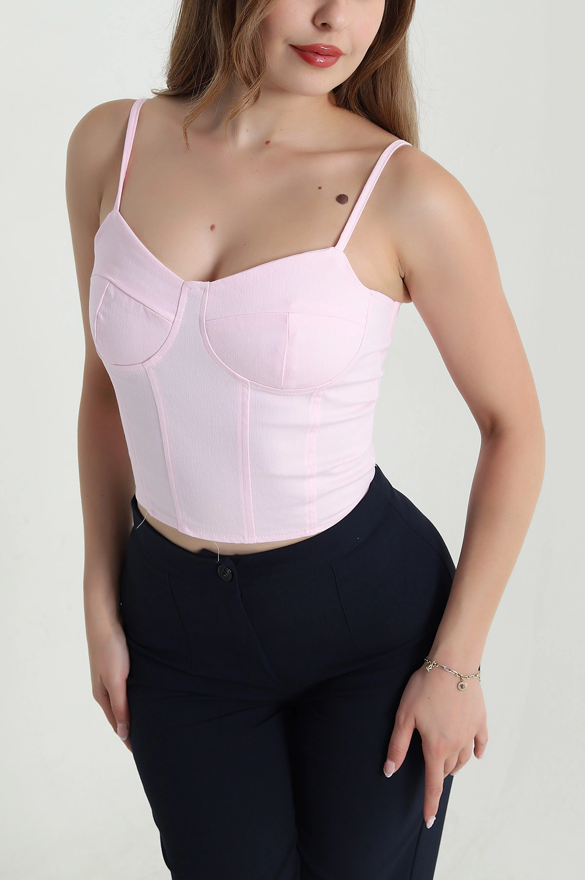 Pembe Fermuarlı İp Askılı Kadın Kot Büstiyer 479148