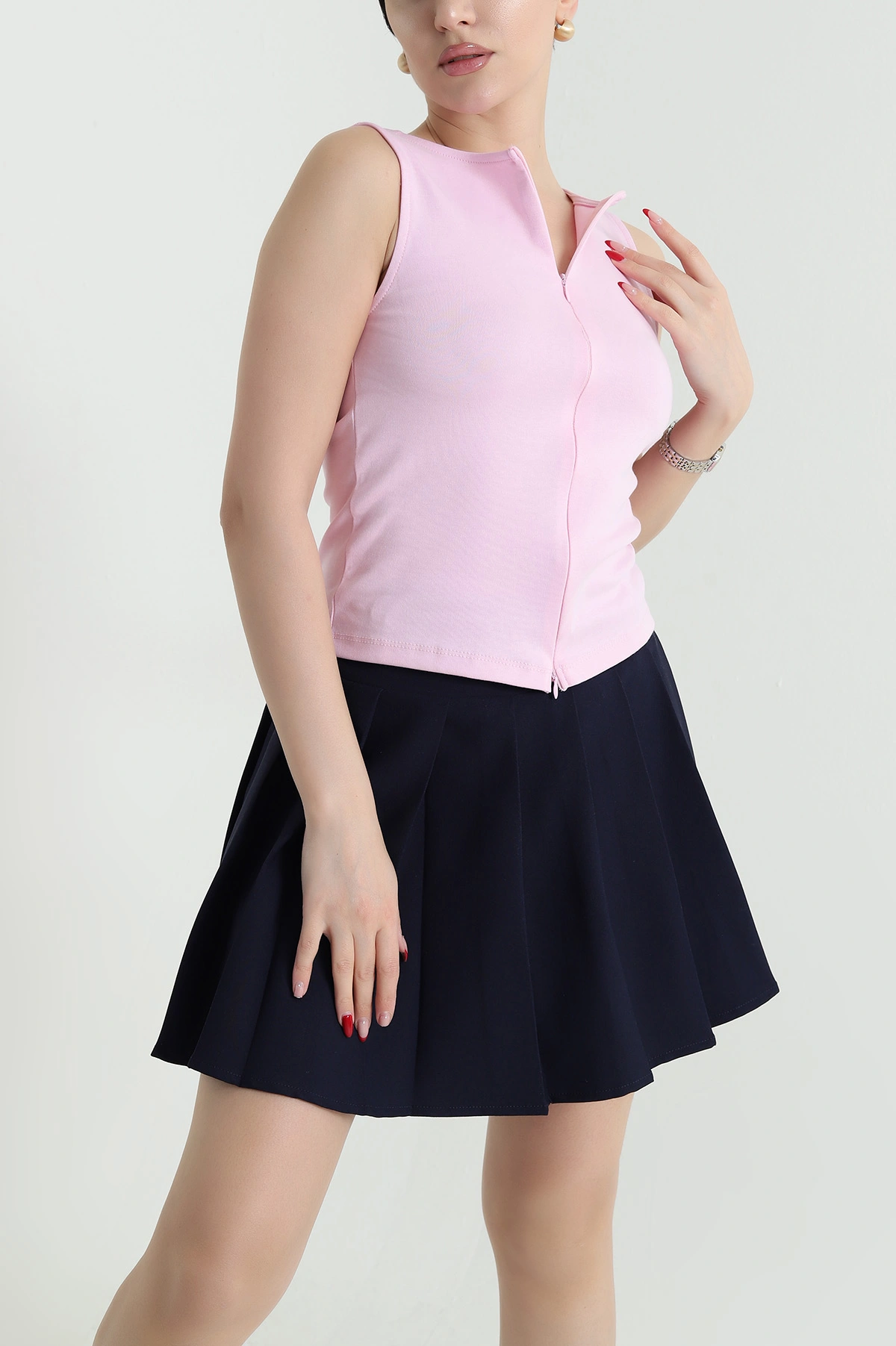 Pembe Fermuarlı Kolsuz İnterlok Kadın Bluz 440350