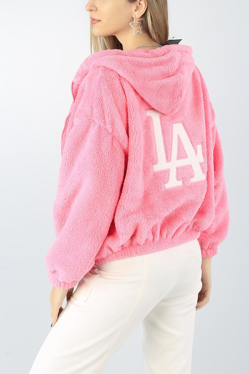 Pembe Fermuarlı Nakışlı Bayan Yumoş Sweat 54018