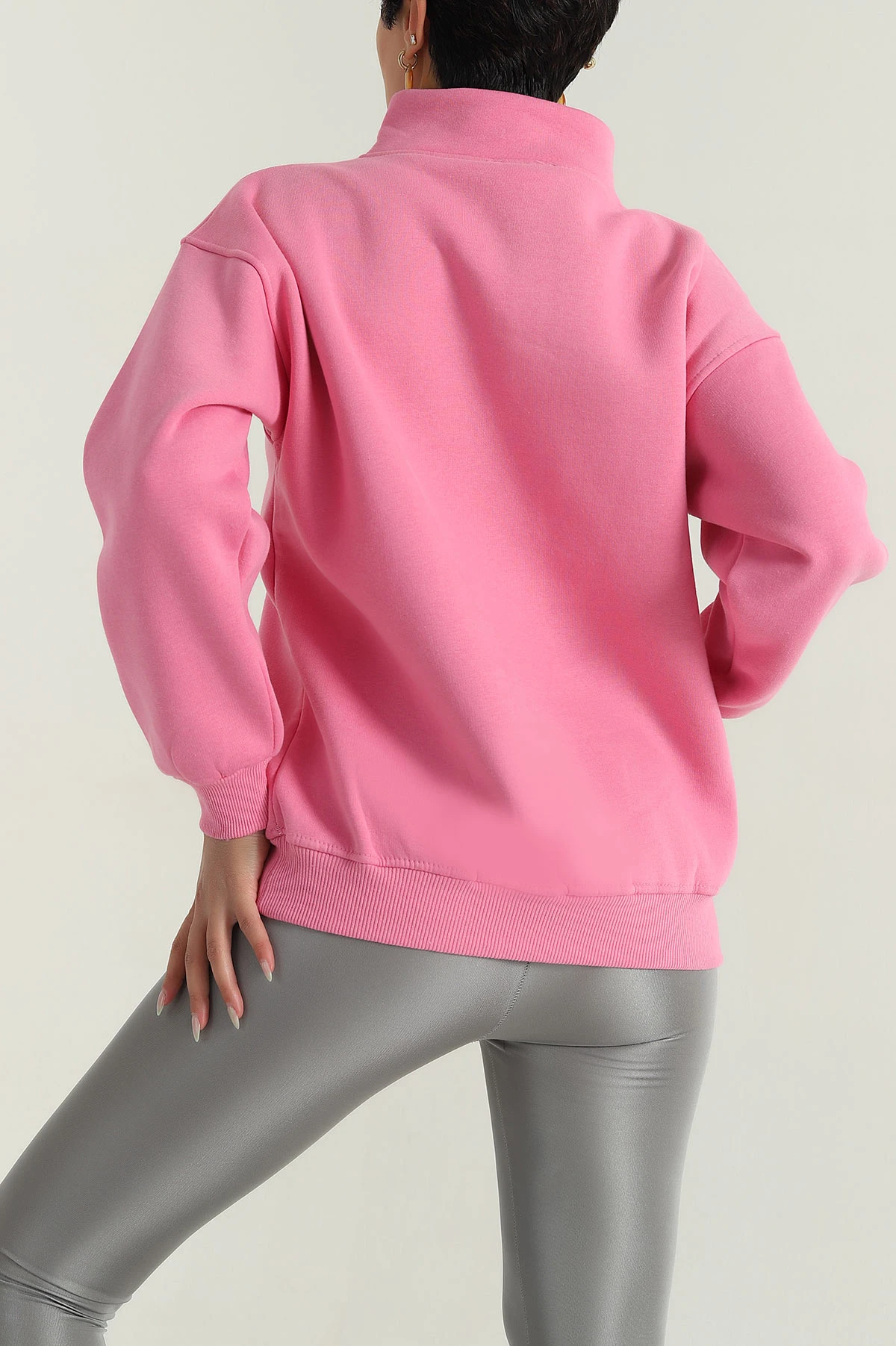 Pembe Fermuarlı Nakışlı Şardonlu Kadın Sweat 387844