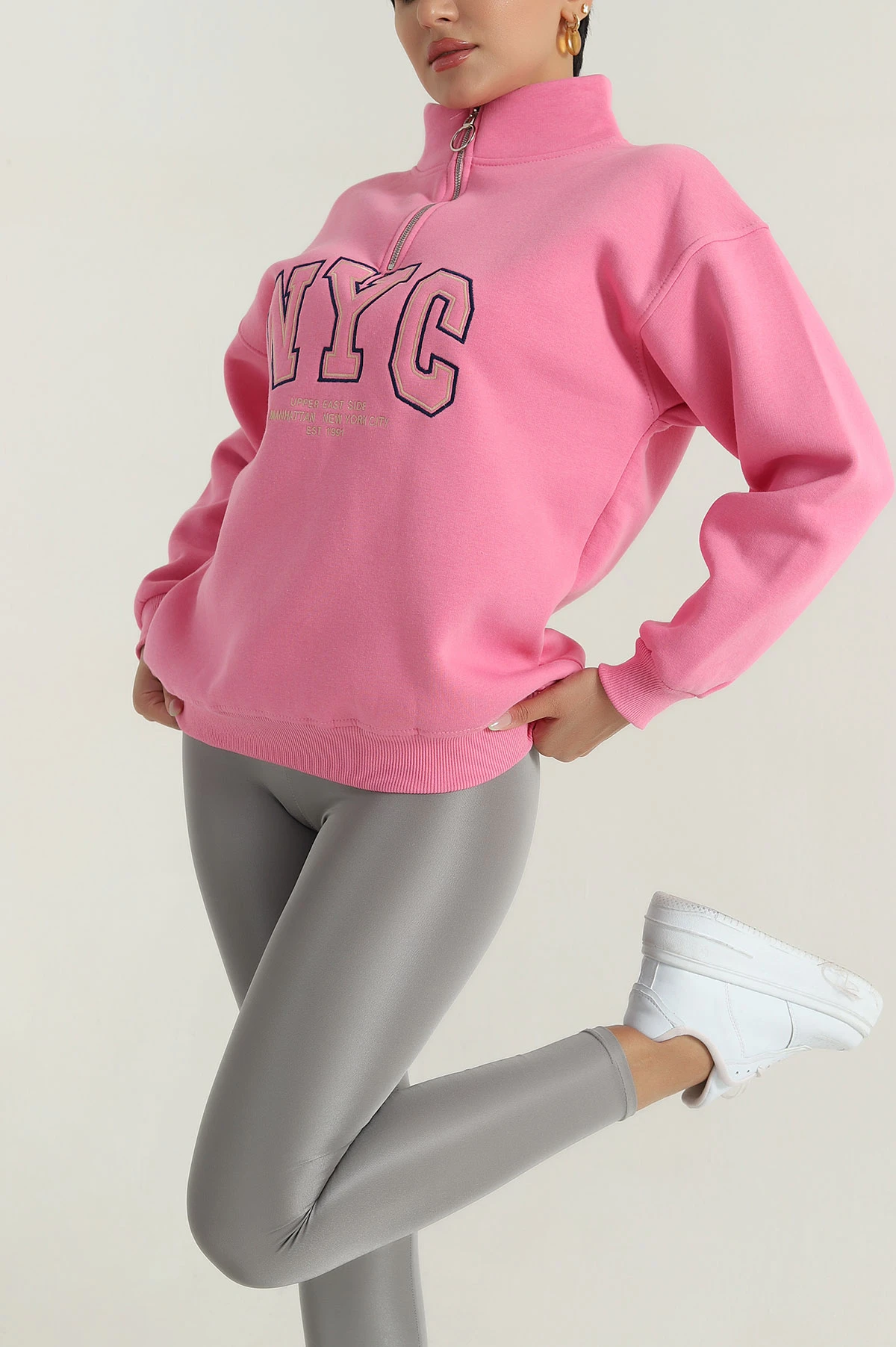 Pembe Fermuarlı Nakışlı Şardonlu Kadın Sweat 387844