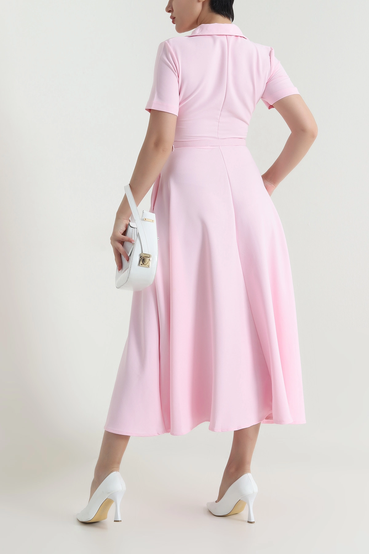 Pembe Fermuarlı Polo Yaka Krep Kadın Elbise 465023
