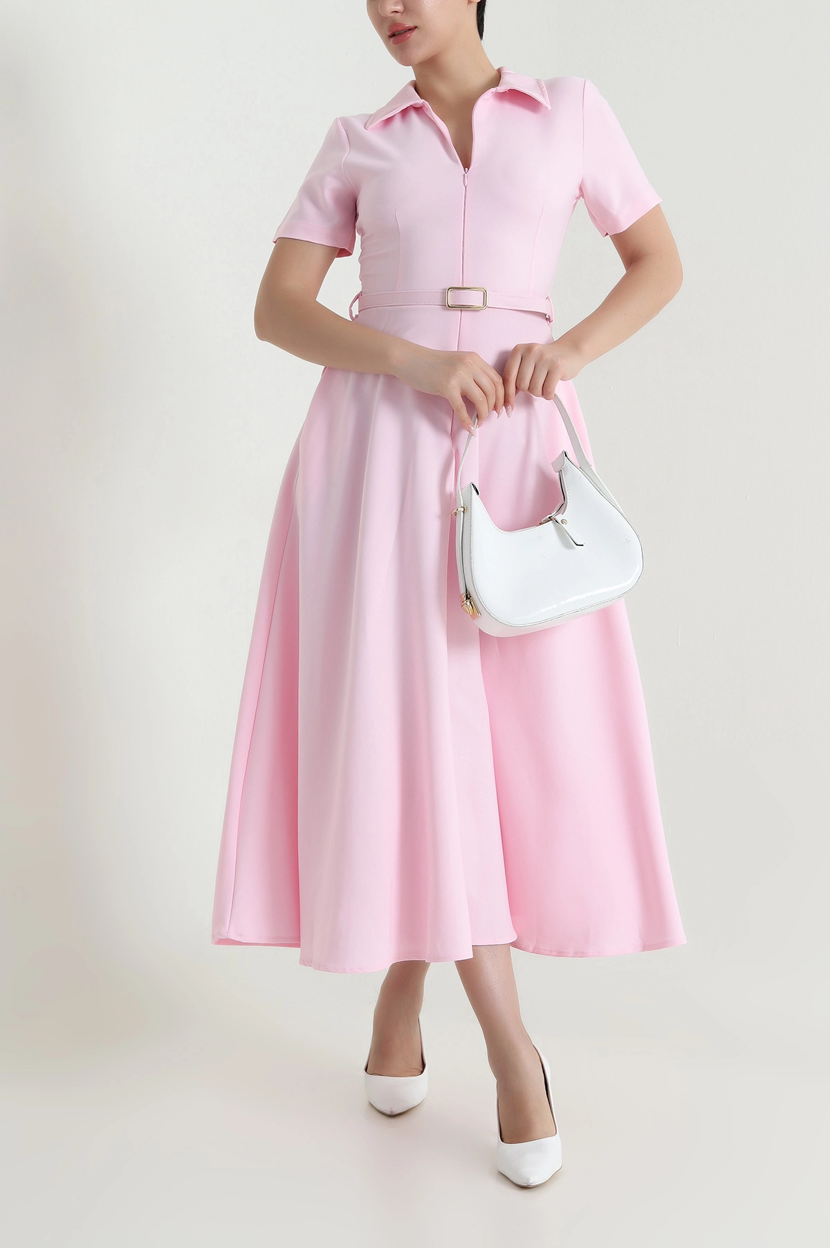 Pembe Fermuarlı Polo Yaka Krep Kadın Elbise 465023