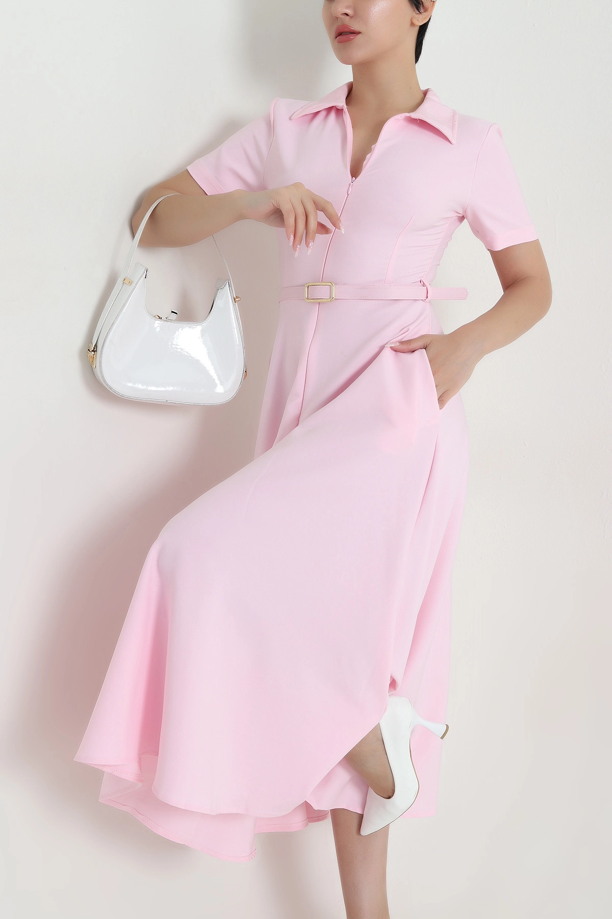 Pembe Fermuarlı Polo Yaka Krep Kadın Elbise 465023