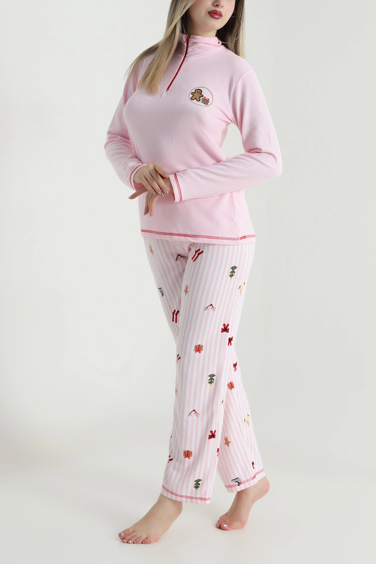 Pembe Fermuarlı Waffele Kadın Pijama Takımı 488900