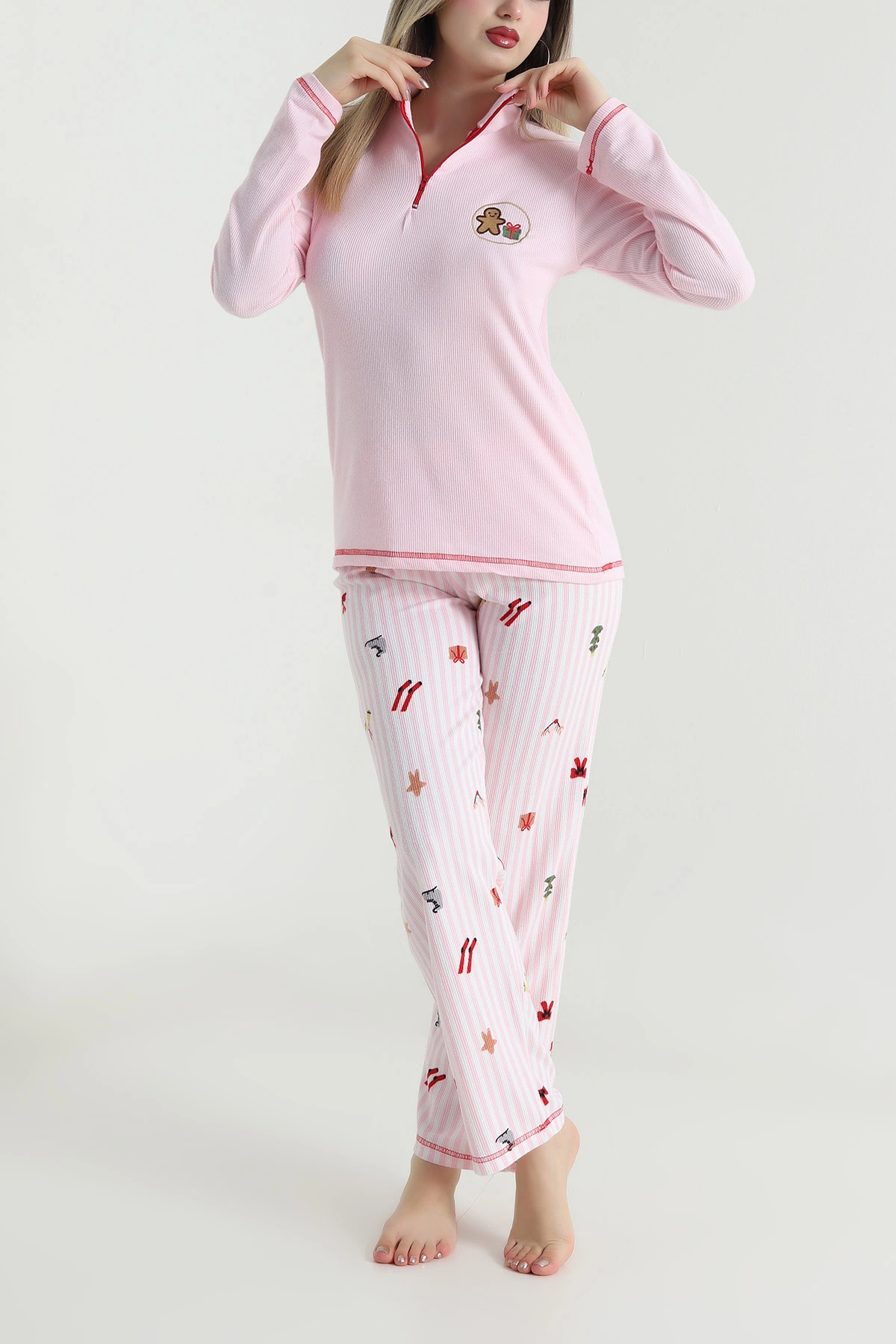 Pembe Fermuarlı Waffele Kadın Pijama Takımı 488900