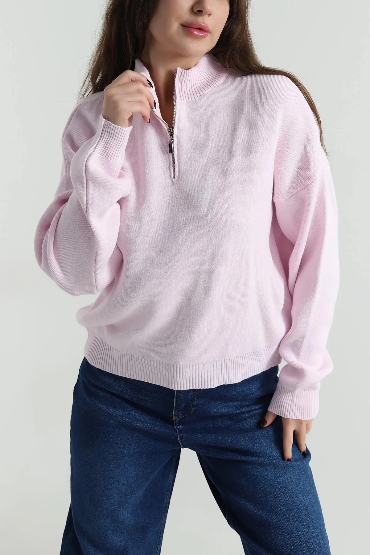 Pembe Fermuarlı Yarım Balıkçı Yaka Kadın Triko Kazak 497841