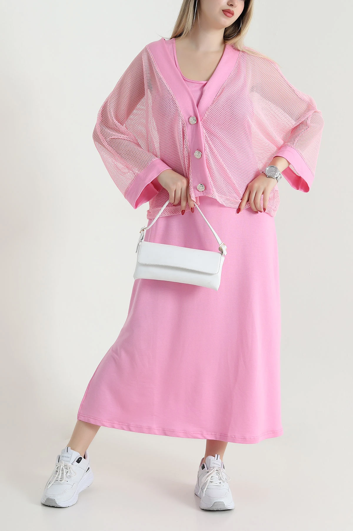Pembe Fileli Ceket Modal Elbise İkili Takım 468215