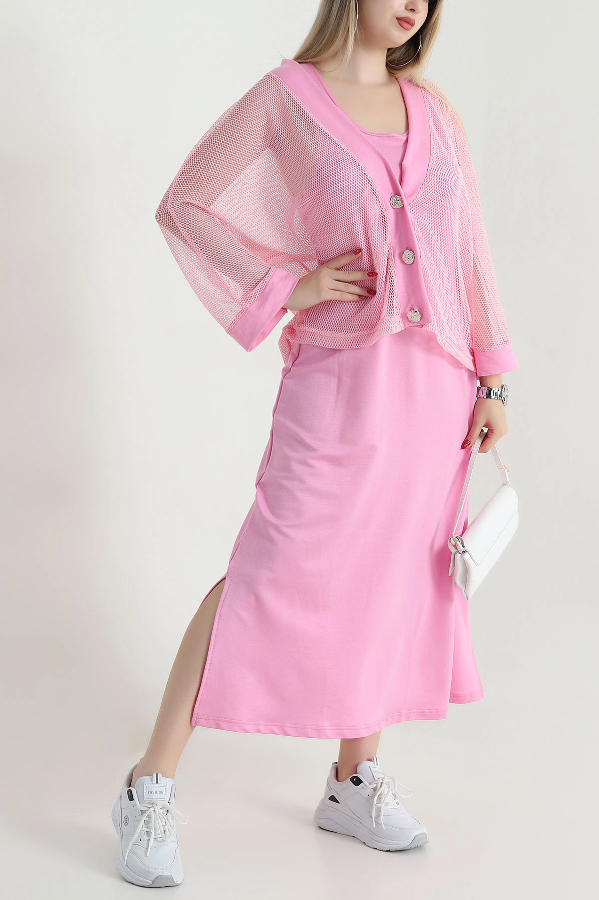 Pembe Fileli Ceket Modal Elbise İkili Takım 468215