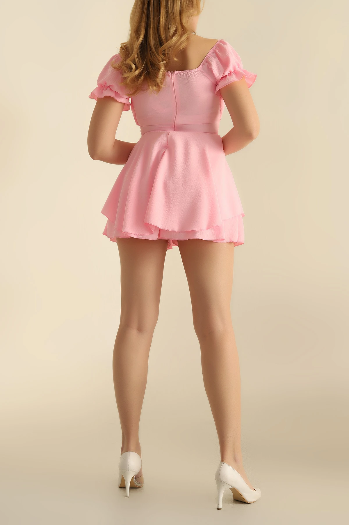 Pembe Fırfırlı Astarlı Pera Keten Elbise 247928