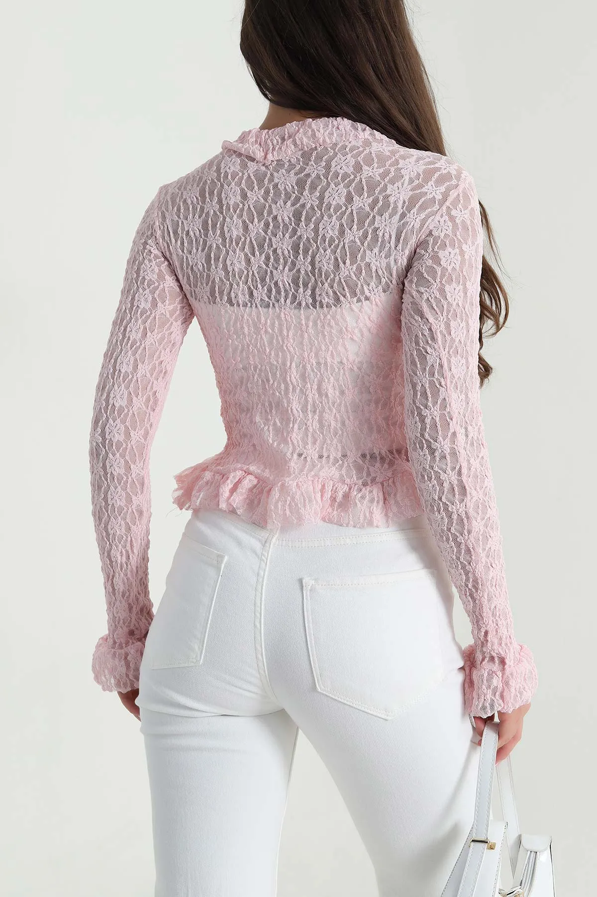 Pembe Fırfırlı Dantelli Kadın Bluz 483789