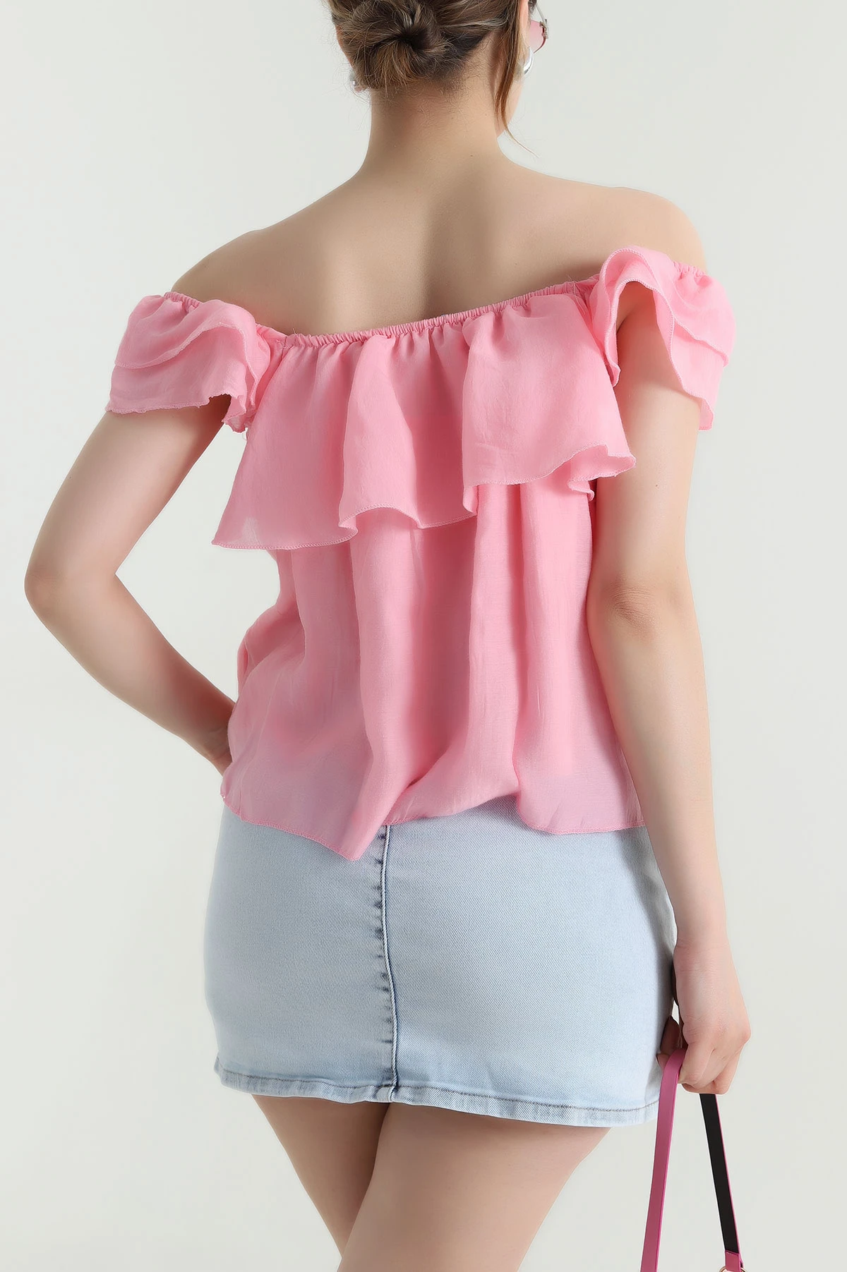 Pembe Fırfırlı Tensel Kadın Astarlı Bluz 467764