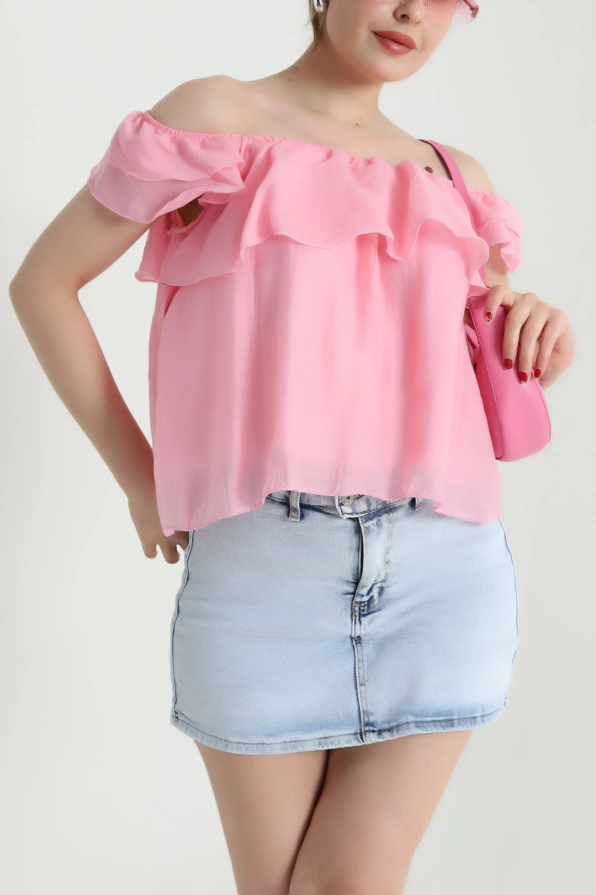 Pembe Fırfırlı Tensel Kadın Astarlı Bluz 467764