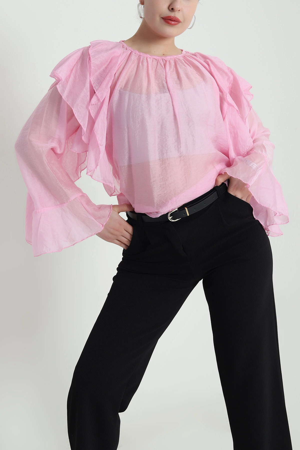 Pembe Fırfırlı Tensel Kadın Bluz 461309