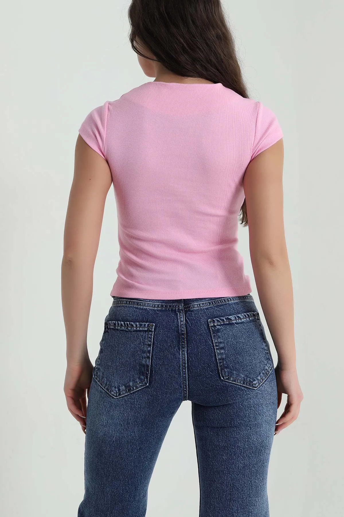 Pembe Fitilli Düğmeli Kadın Badi Bluz 458537